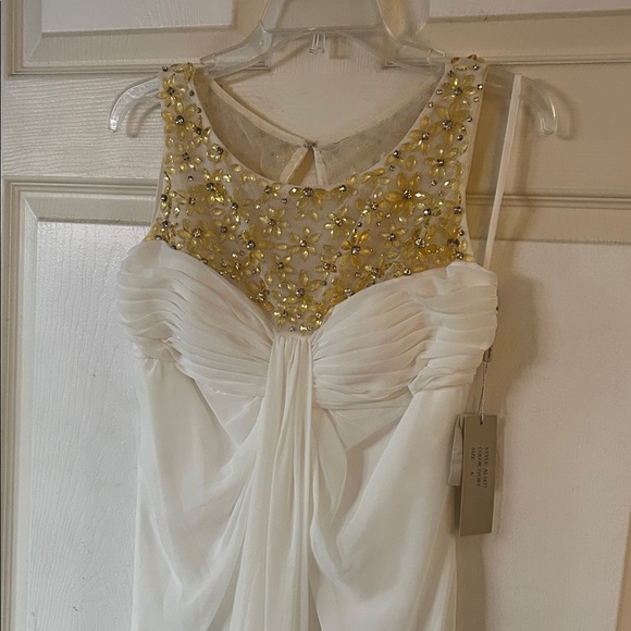 LM Collection Dresses & Skirts - Ivory Chiffon Evening Dress with Gold Beaded sunflower Yoke